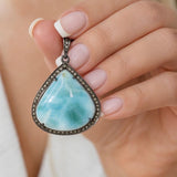 Larimar Gemstone Pendant, Sterling Silver Pave Diamond Pendant, Spiritual Healing Crystal Jewelry, Aura Energy Chakra December Birthstone