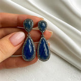 Pave Diamond Sapphire Earrings, Natural Blue Sapphire Gemstone Jewelry, Spiritual Healing Aura Energy Crystal Jewelry, Chakra Jewelry Gifts