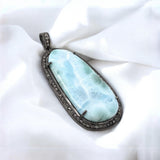 Larimar Pendant, Gemstone Pendant, Diamond Pendant, Sterling Silver Gemstone Larimar Pave Diamond Pendant, 58.75mmx26mm