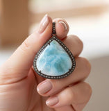 Larimar Gemstone Pendant, Sterling Silver Pave Diamond Pendant, Spiritual Healing Crystal Jewelry, Aura Energy Chakra December Birthstone