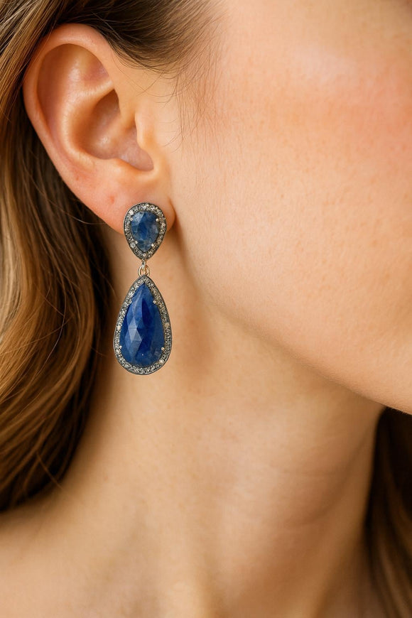 Pave Diamond Sapphire Earrings, Natural Blue Sapphire Gemstone Jewelry, Spiritual Healing Aura Energy Crystal Jewelry, Chakra Jewelry Gifts