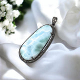 Larimar Pave Diamond Pendant, Sterling Silver Gemstone Pendant, Spiritual Healing Pendant, Crystal Chakra Jewelry, December Birthstone Gifts