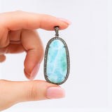 Larimar Pendant, Gemstone Pendant, Diamond Pendant, Sterling Silver Gemstone Larimar Pave Diamond Pendant, 58.75mmx26mm