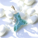 Rare Larimar Mermaid Tail Pendant, Sterling Silver Pave Diamond Pendant, Bohemian Jewelry, Large Larimar Whale Tail Pendant
