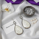 Mother of Pearl Pave Diamond Earrings, Natural Gemstone Nacre Silver Earrings, Spiritual Healing Chakra Jewlery, June Birthstone Gifts