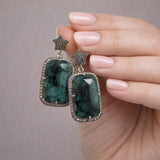 Genuine Emerald Pave Diamond Earrings, Spiritual Healing Chakra Silver Jewelry, Gemstone Earrings, May Birthstone Gifts, 1.65” x 0.85”