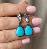 Natural Sleeping Beauty Turquoise Earrings, Pave Diamond Robin Egg Turquoise Earrings, Spiritual Healing Chakra Jewelry Gifts, 1.35” x 0.50”