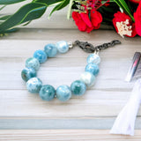 Rare Genuine Larimar Gemstone Bracelet, Pave Diamond Adjustable Bracelet, Dominican Republic Larimar Jewelry, 13mm - 13.5mm