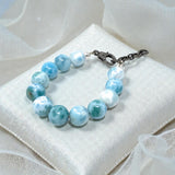 Rare Genuine Larimar Gemstone Bracelet, Pave Diamond Adjustable Bracelet, Dominican Republic Larimar Jewelry, 13mm - 13.5mm