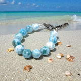 Rare Genuine Larimar Gemstone Pave Diamond Adjustable Bracelet, December Birthstone Spiritual Healing Chakra Jewelry, Aura Energy Crystal