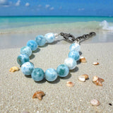 Rare Genuine Larimar Gemstone Bracelet, Pave Diamond Adjustable Bracelet, Dominican Republic Larimar Jewelry, 13mm - 13.5mm