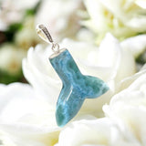 Rare Larimar Mermaid Tail Pendant, Sterling Silver Pave Diamond Pendant, Bohemian Jewelry, Large Larimar Whale Tail Pendant