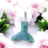 Rare Larimar Mermaid Tail Pendant, Sterling Silver Pave Diamond Pendant, Bohemian Jewelry, Large Larimar Whale Tail Pendant