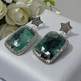 Genuine Emerald Pave Diamond Earrings, Spiritual Healing Chakra Silver Jewelry, Gemstone Earrings, May Birthstone Gifts, 1.65” x 0.85”