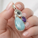 Larimar Amethyst Prasiolite Pendant, Spiritual Healing Crystal Jewelry, Chakra Gemstone Pendant, Inner Peace & Calm Ocean Gemstone Boho Gift