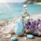 Larimar Amethyst Prasiolite Pendant, Spiritual Healing Crystal Jewelry, Chakra Gemstone Pendant, Inner Peace & Calm Ocean Gemstone Boho Gift
