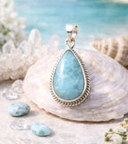 Larimar Pendant Sterling Silver, Natural Larimar Bohemian Jewelry, Throat Chakra Healing Crystal, Ocean Blue Spiritual Gift for Women,