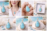 Larimar Pendant Sterling Silver, Natural Larimar Bohemian Jewelry, Throat Chakra Healing Crystal, Ocean Blue Spiritual Gift for Women,