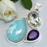 Larimar Amethyst Prasiolite Pendant, Spiritual Healing Crystal Jewelry, Chakra Gemstone Pendant, Inner Peace & Calm Ocean Gemstone Boho Gift