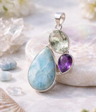 Larimar Amethyst Prasiolite Pendant, Spiritual Healing Crystal Jewelry, Chakra Gemstone Pendant, Inner Peace & Calm Ocean Gemstone Boho Gift