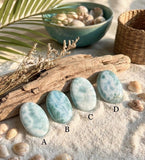 Side view of larimar cabochon showing dome height and thickness