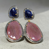 Blue sapphire and fancy salmon sapphire pave diamond earrings in 925 sterling silver, two tone luxury September birthstone jewelry