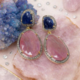 Blue and salmon sapphire earrings styled with spiritual elements, healing crystal , heart and throat chakra gemstones