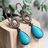Natural Sleeping Beauty Turquoise Earrings, Pave Diamond Earrings, Victorian Gemstone Earrings, Robin Egg Turquoise, 1.60” x 0.35”