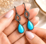 Luxury Sleeping Beauty Turquoise and Diamond Dangle Earrings Showing Vibrant Blue Turquoise Gemstones