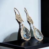 Sky Blue Topaz Diamond Earrings, Genuine Pave Diamond Dangle Earrings, December Birthstone Gift, Throat Chakra Healing Crystal Jewelry