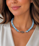 Larimar Necklace 10.5mm-11.5mm, Rare Dominican Larimar Beads Blue Gemstone Necklace with Pave Diamond Clasp, Chakra Healing Crystal Jewelry