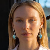 Woman wearing natural Labradorite earrings with pave diamond details