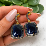 Blue sapphire pave diamond earrings with natural gemstone and Victorian style