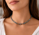Woman wearing natural Labradorite choker necklace with blue green and gray flash