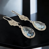 Sky Blue Topaz Diamond Earrings, Genuine Pave Diamond Dangle Earrings, December Birthstone Gift, Throat Chakra Healing Crystal Jewelry