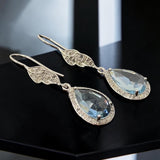 Sky Blue Topaz Diamond Earrings, Genuine Pave Diamond Dangle Earrings, December Birthstone Gift, Throat Chakra Healing Crystal Jewelry