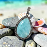 Larimar Pave Diamond Pendant, Atlantis Stone Jewelry, Throat Chakra Healing Crystal Jewelry, Sterling Silver Gemstone Pendant