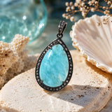 Larimar Pave Diamond Pendant, Atlantis Stone Jewelry, Throat Chakra Healing Crystal Jewelry, Sterling Silver Gemstone Pendant