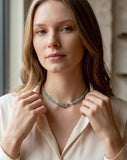 Woman wearing 14 inch Indicolite Tourmaline choker necklace