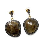 Natural smoky sapphire earrings with genuine pave diamond accents on White Background