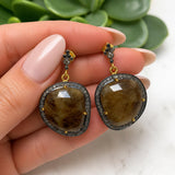 Fancy sapphire pave diamond earrings with natural smoky sapphire gemstones