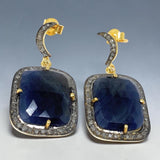 Close up of handmade blue sapphire birthstone earrings