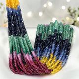 Birthstone inspired multi gemstone beads for DIY jewelry projects. The beads on strand includes genuine ruby, emerald , blue sapphire, songea sapphire and pink sapphire