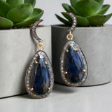 Close up of Natural blue sapphire diamond drop earrings in sterling silver