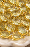 Macro photograph of a faceted Lemon Topaz connector with yellow transparency