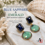 Luxury emerald and blue sapphire dangle earrings for weddings, anniversaries and statement jewelry styling.