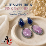 Blue sapphire and pink sapphire pave diamond earrings presented as two color natural sapphire statement jewelry