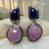 Pink and blue sapphire statement earrings with genuine pave diamonds shown upright displaying gemstone color and size