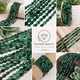 Natural emerald bead strand showing polished oval gemstones with beautiful green hues displayed in different ways in a collage.