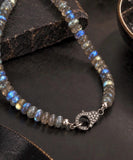 Close-up of genuine pave diamond clasp on AAA natural Labradorite beaded choker necklace